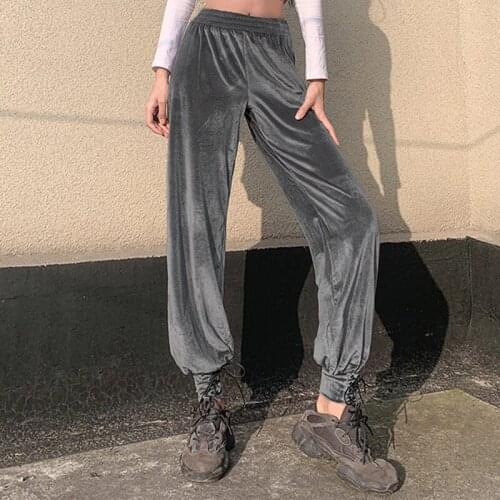 Velvet Lace Up Womens Sport Pants Spring Solid High Waist Female Joggers Pant Solid 2021 New Streetwear Casual Ladies Bottoms