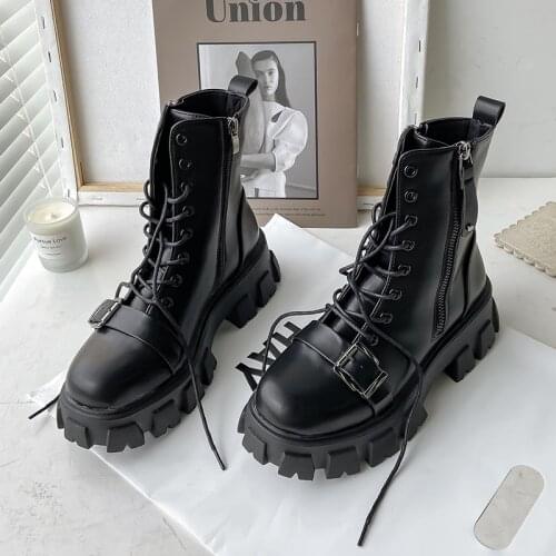 Womens Ankle Boots Motorcycle Boots Buckle Design Chunky High Heels Casual Lace-up Zipper Round Toe Platform Boots Women