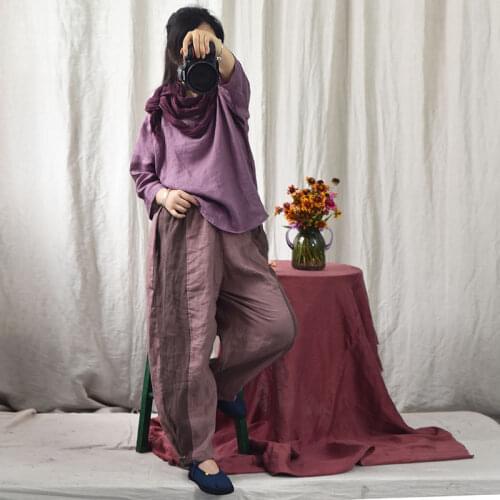 Women Linen Contrast Color Elastic Waist Pants Female Autumn Spring Patchwork Flax Wide Leg Pants Trousers 2019
