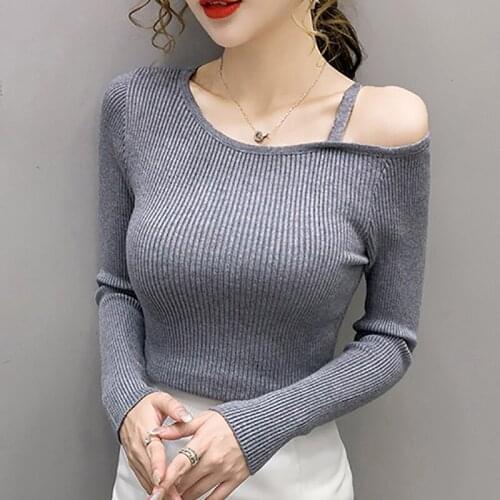 Off Shoulder Sexy Women Pullover Long Sleeve Top Knitted Sweater Solid Skinny Slim Sweaters Womens 2021 Autumn Winter Pull Femme