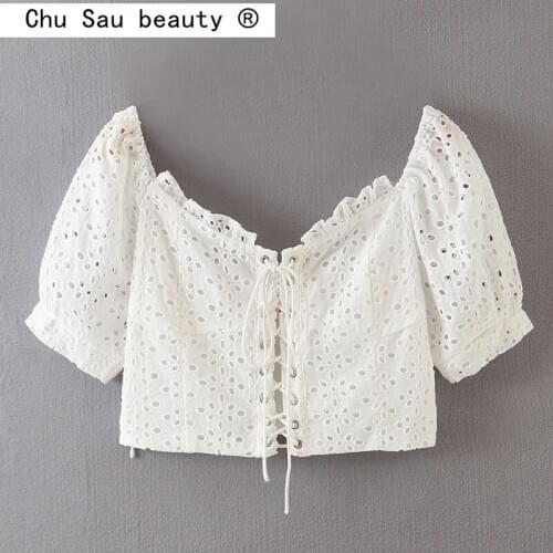 Chu Sau beauty Women Summer Crop Top Sexy Vacation Big Round Neck Hollow Embroidery Puff Sleeve Bandage Tops Women Blouses