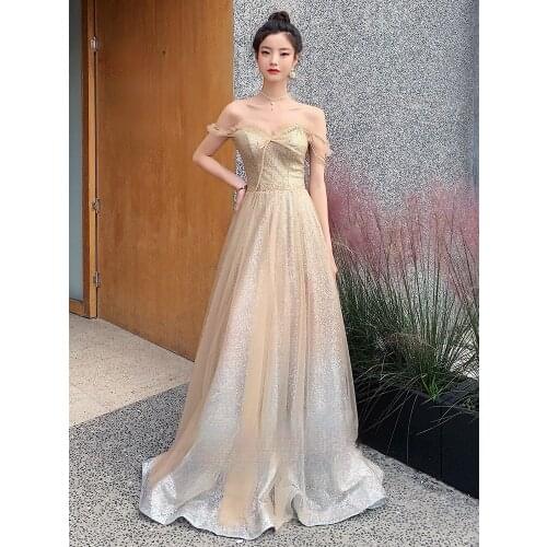 2021 Golden sequin princess evening dress female banquet annual meeting host ball gown dress one-shoulder fairy prom dress A206