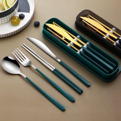 304 Dinnerware Set Eco Friendly Dish Kitchen Accessories Silverware Sets Gold Knife Fork Spoon Portable Cutlery Sets With Case