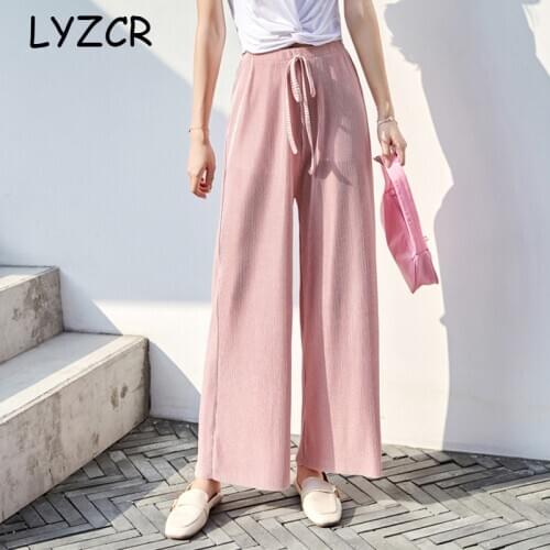 LYZCR Summer Basic Wide Leg Pants For Women Casual Loose High Waist Pants Elastic Waist Trousers Women Straight Full Length Pant