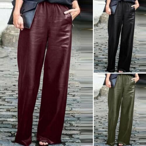 ZANZEA 2021 Womens Wide Leg Pants Fashion PU Leather Trousers Casual Long Pantalon Female Elastic Waist Black Turnip Oversized