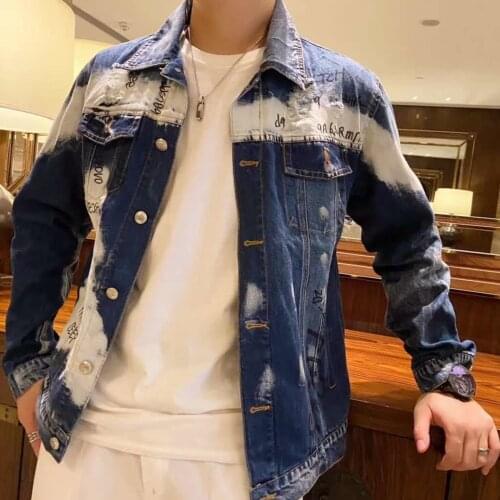 Hole Letter Label Printing Fashion New Mens Denim Slim Fit Bomber Jacket Mens Autumn Casual Hip Hop Denim Jacket Veste En Jean