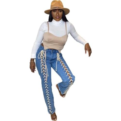 Denim Trousers Lace Up Cut Out Fashion Denim Street Fashion Personalized Jeans