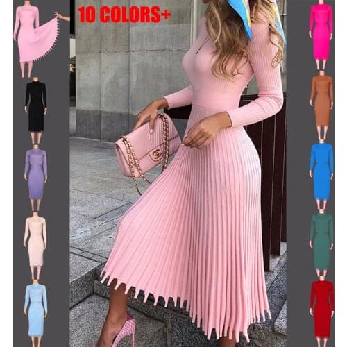 Elegant Party Pleated Sweater Dress Women 2020 Winter Autumn Pink Office Ladies Midi Knitted Vestido Sexy Slim Plus Size Dresses