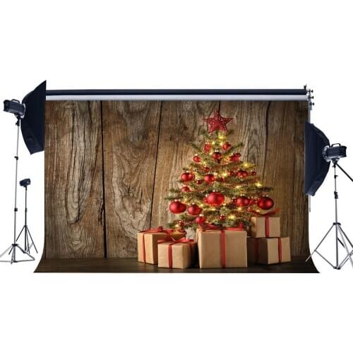 Photography Backdrop Christmas Tree Xmas Gifts Interior Decoration Vintage Wood Floor Backdrops