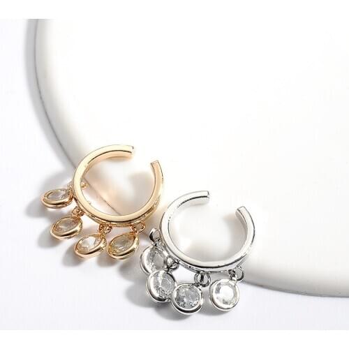 Geometry White Rhinestone Circle Tassel Golden Silver Plated Copper Clip Earrings for Women