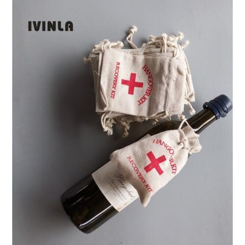 Hot Selling 50pcs Red Cross Cotton Linen Gift Bags Hangover Kit 10x14cm Wedding Favor Holder Bag Event Party Supplier
