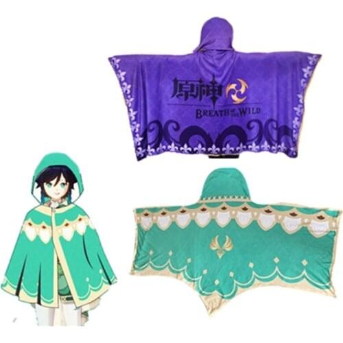 Game Genshin Impact Keqing Venti Cosplay Cloak Cape Anime Cartoon Printed Flannel Hooded Blanket Costume