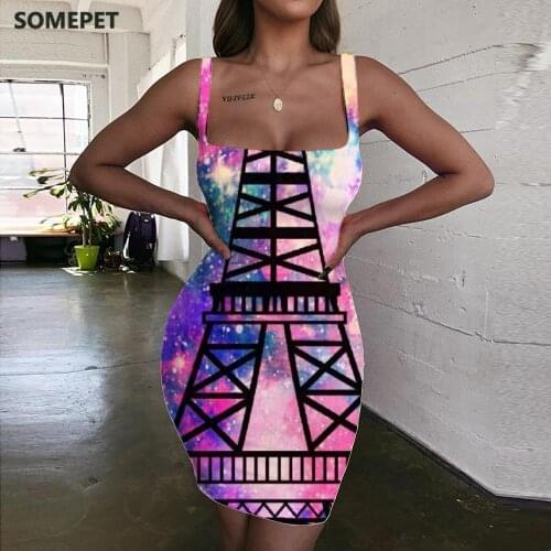 SOMEPET Colorful Dresses Women Tower Of Paris 3d Print Graffiti Bodycon Dress Pigment Sundress Womens Clothing Plus Size Vintage