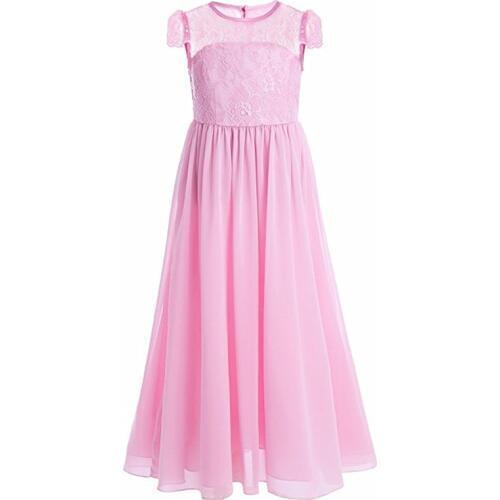 Retail Lace Chiffon Hollow Elegant Ankle-Length Flower Girls Dress Short Sleeves Girls Evening Party Long Dress Lace005