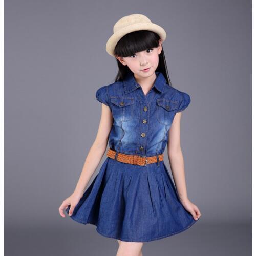 Summer dress girl casual girl dress with belt solid short-sleeved denim dress children clothes 8 10 12 14 years