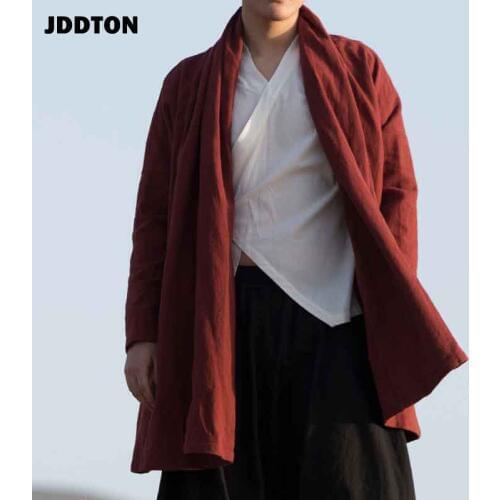 JDDTON Mens Kimono Fashion Jackets Solid Long Paragraph Linen Outerwear Coats Loose Casual Male Long Sleeve Retro Overcoat JE132