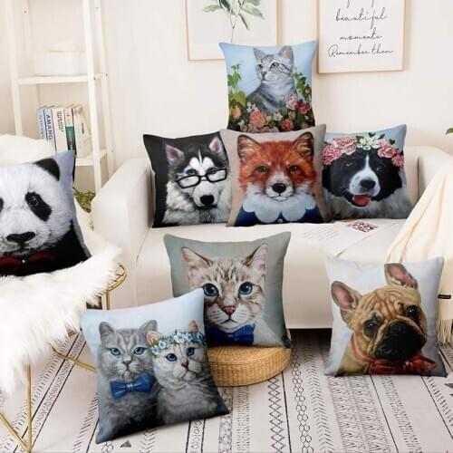 Animals With Flowers Print Pillowcase Retro Cat Painting Cushion Decorative Pillow Home Decor Sofa Throw Pillows Almofadas 17*17