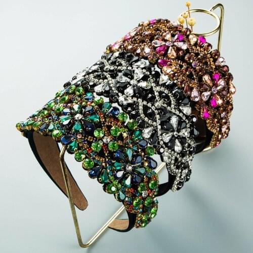 2021 New High Quality Handmade Baroque Retro Wide-brimmed Headband Female Glass Drill Flower Fabric Hairbands Headwear Women