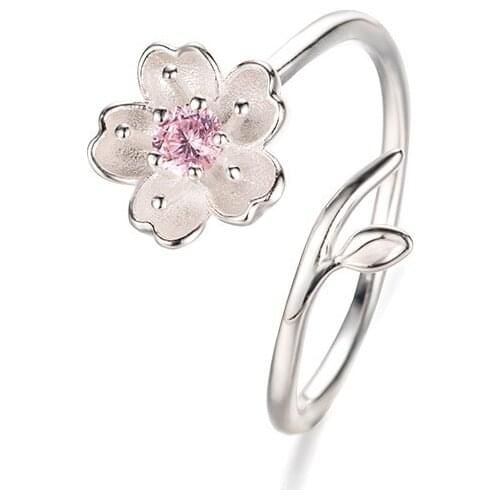 New Arrivals 925 Sterling Silver Rings for Women Adjustable Size Ring pink zircon cherry blossom Ring