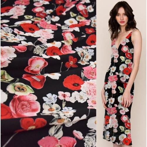 Half Meter Fashion Black Bottom With Red Flower Chiffon Fabric Dress Shirt Gallus Ladys Garment Soft Thin Transparent T1644