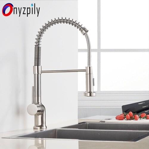 Onyzpily Spring Brushed Kitchen Sink Faucet Pull Down Sprayer Nozzle Single Handle Faucet Mixer Hot Cold Stainless Steel Modern
