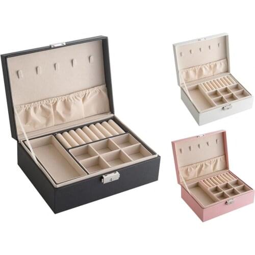 Hot Sales Double-layer Jewelry Box Safety Lock Micro Fiber Leather Adjustable Compartments Jewelry Case for Rings
