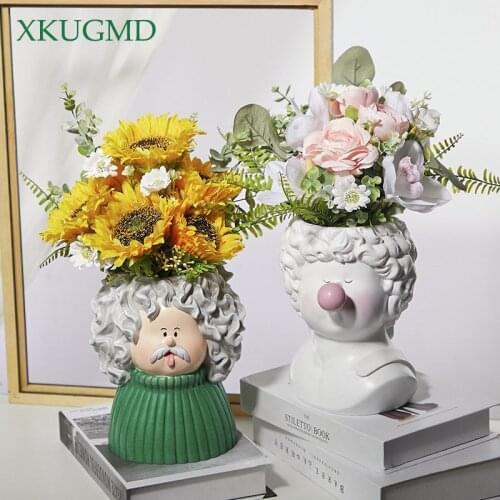 Nordic Creative Resin Cute Cartoon Vase Decoration Living Room Dried Flower Arrangement Plant Pot Home Decorat Ornaments