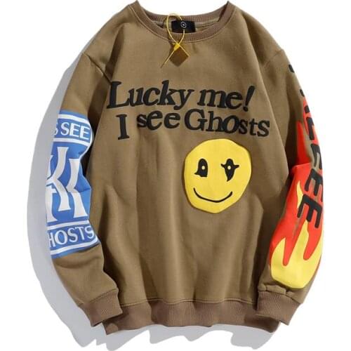 KANYE Smiley Flame Print Round Neck Sweatshirt Men and Women Plus Velvet Streetwear Stranger Things Hoodie Pullover Mens Hoodies