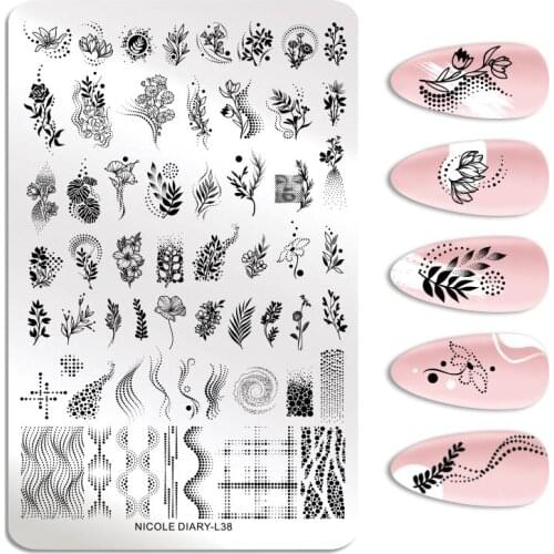 NICOLE DIARY Iris Flower Design Stamping Plates Alphabet Leaves Girls Image Nail Stamp Templates Floral Printing Stencil Tools