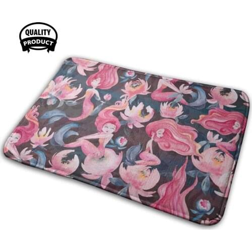 Mini Mermaid Mischief Comfortable Door Mat Rug Carpet Cushion Mermaid Mermay Mermaids Floral Blush And Indigo Dark Blue Paynes