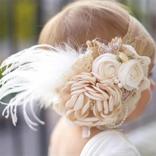 Vintage Baby Girl Headband Hair Accessories Lace Hair Band Rhinestone with Feather Headband Toddler Headwrap Photography Props