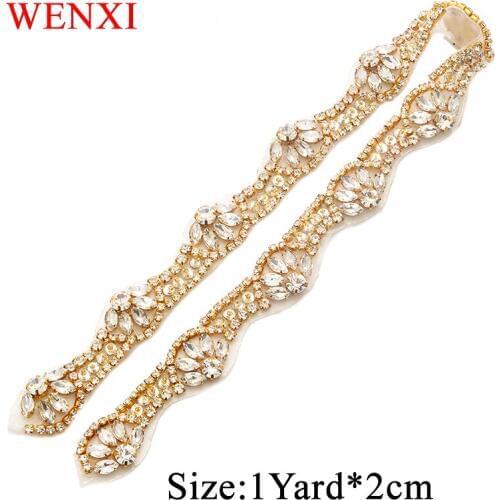 WENXI 10YARDS Wholesale Fancy Bridal Rhinestones Applique Banding Crystal Trim For Bridal Gown Belt Clear Rose Gold WX801