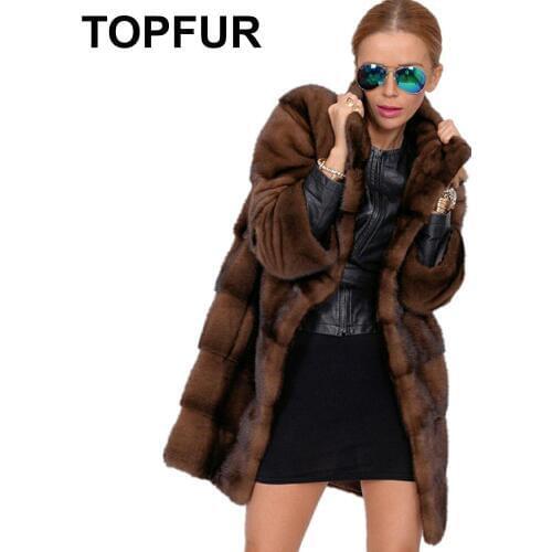 Topful Fashion Real Fur Coat Women Brown Mink Coat With Fur Collar Full Sleeves Winter Plus Size Medium Long Nature Coats