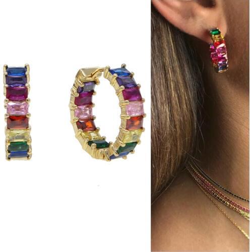 Baguette cubic zirconia hoop earring gold filled sparking cz hot fashion delicate rainbow colorful european women CZ hoop jewely