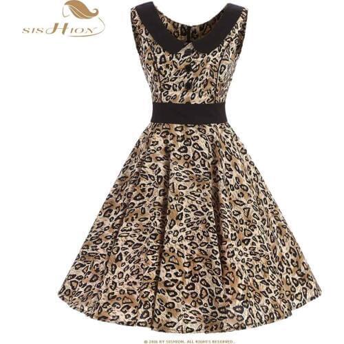 SISHION Women Cotton Dress Sleeveless Button Decoration Leopard Print Sexy Dresses Plus Size 50s Vintage Party Dress VD0535