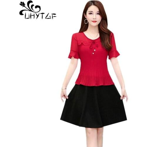 UHYTGF dress women 2020 fashion chiffon splice summer dress female short sleeve O neck beaded elegant dresses 5XL plus size 1069