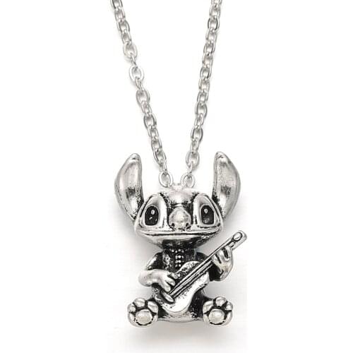 20pcs Anime Ohana Stitch Necklace Women Pendant Necklace Cute Cartoon Ohana means Family Vintage Fashion Jewelry Wholesale