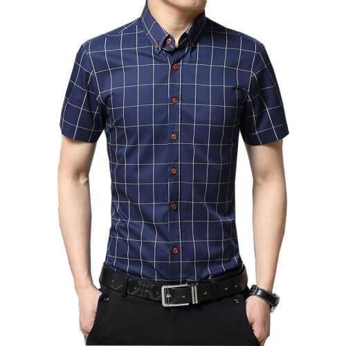 2018 Summer Mens Casual Short Sleeve Shirt Fashion Slim Lattice Mens Shirt Color White/Red/Dark Blue/Grey/Lake Blue Size M-5XL