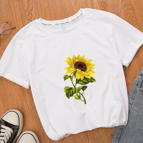 2020 Women Vegan T Shirt Femme Plus Size Sunflower Print Hipster Tshirt Casual White Harajuku Streetwear T-shirts Plant Clothes