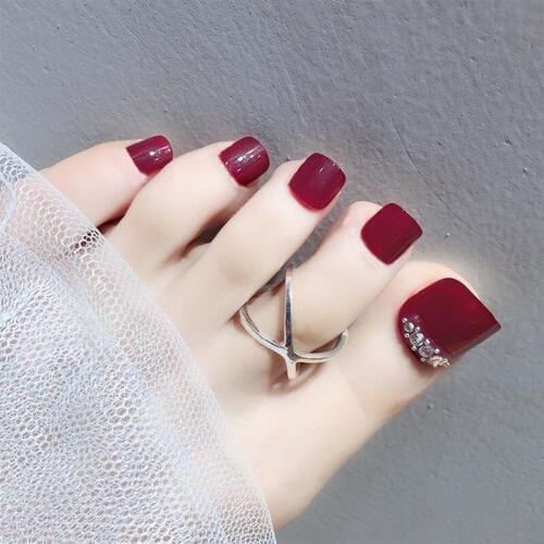 Shining Rhinestone Pre-design Foot Artificial Nails Pretty Red Color Summer Toes False Nails Full Cover Design With Glue 24pcs