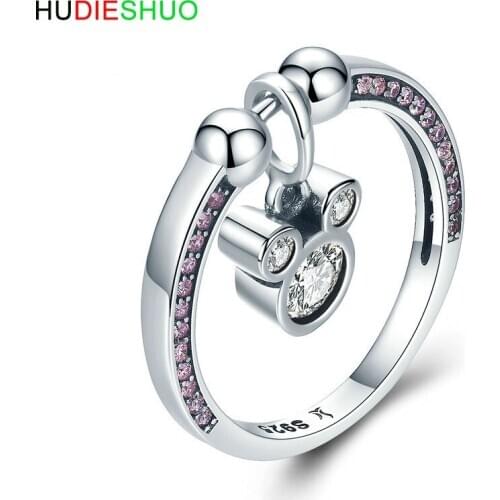 HUDIESHUO 925 SterlingSilver Cartoon Mouse Dangle Finger Rings for Women Wedding Engagement SilverRing Jewelry Gift