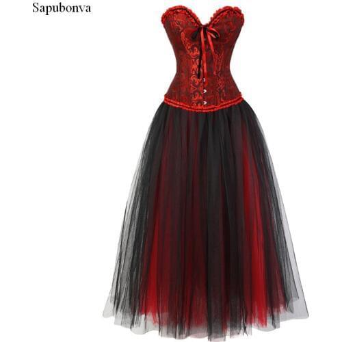 Sapubonva corsets for dresses up costumes halloween plus size black and red mesh long skirt bustier corset victorian sexy gowns