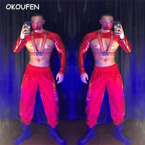 Nightclub Bar DS Male Singer DJ lead dancer Suit Costumes Sexy Red hip-hop Tide Stage Team dance costume