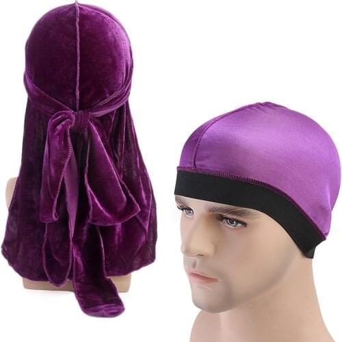 New Mens velvet Durag and silky dome cap women printing Bandana Headwear Bonnet Cap Sleeping Hat 2 pieces Couples Waves Cap