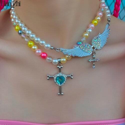 HangZhi 2021 New Colorful Shining Rhinestones Angel Wing Cross Pearl Heart Crystal Necklace for Women Men Couple Jewelry Hip Hop