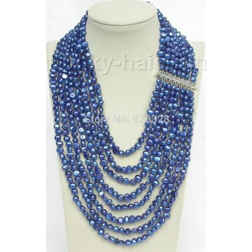 17"-24" 8row baroque navy blue pearls necklace 925 silver clasp
