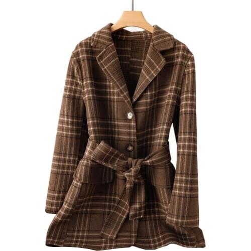Plaid Suit Women Autumn Winter Double-faced Cashmere Coat Single-breasted Loose Short Blazer Wool Jacket Casual Outwear KW263