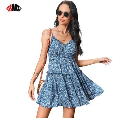 2021 Summer Sexy Beach Party Dresses Women Robe Floral Print Sleeveless Backless Boho Mini Ruffles Dress Women Sukienki Damskie