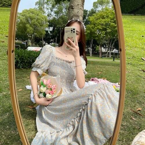 Chiffon Square Collar Summer Dresses Show Thin Tender Wind Restoring Ancient Design Feeling Broken Flower Skirt Falbala Dress