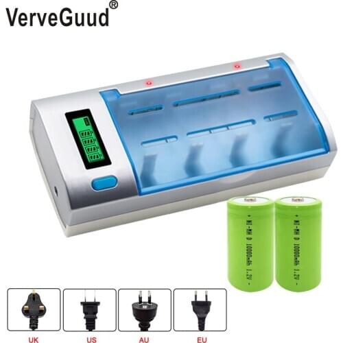 VerveGuud smart LCD display battery charger for AA/AAA/SC/C/D/9V battery + 2Pcs nimh 10000 mah rechargeable D size batteries